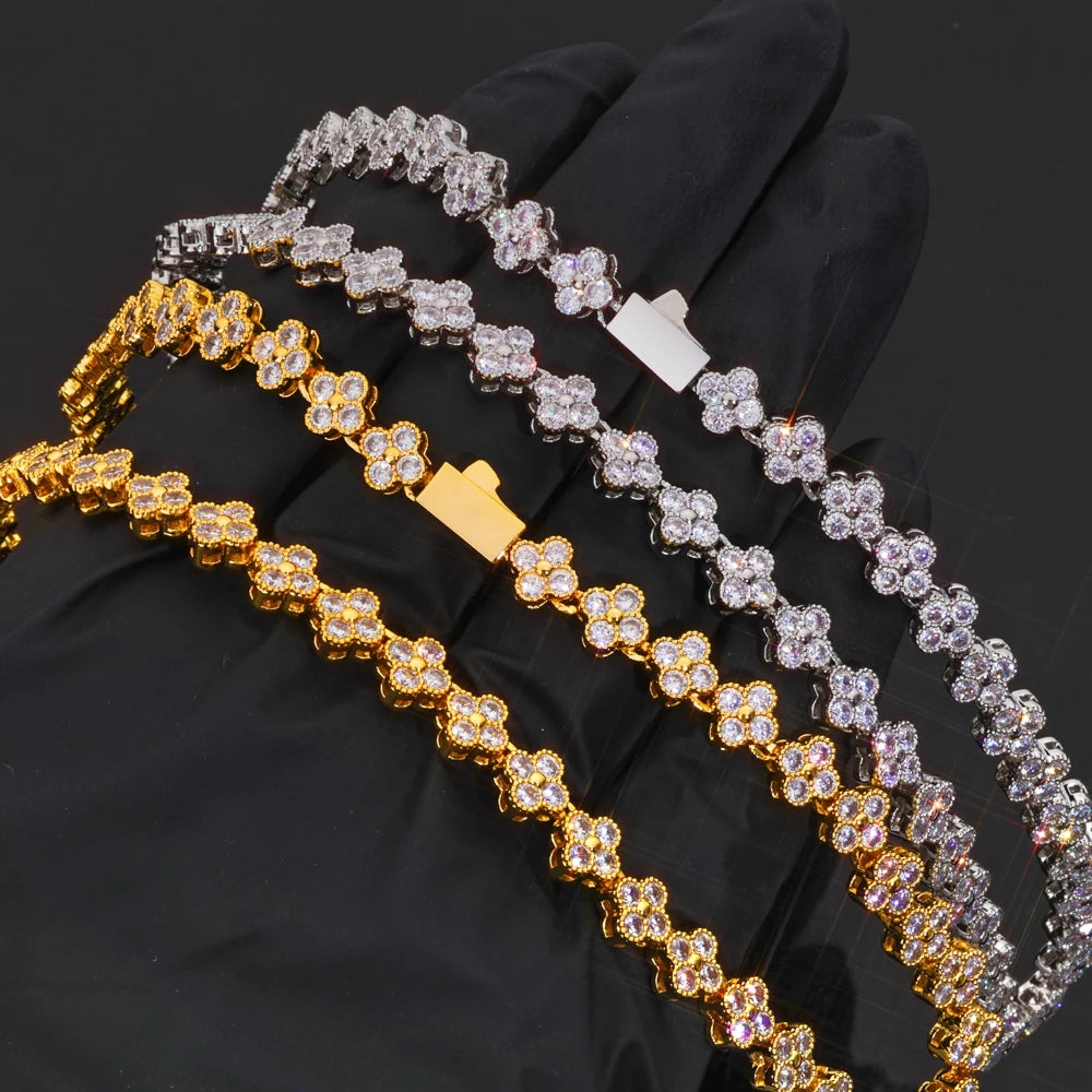 6mm Iced Cubic Tennis Chain Bracelet Cross Link Necklace with Spring Clasp