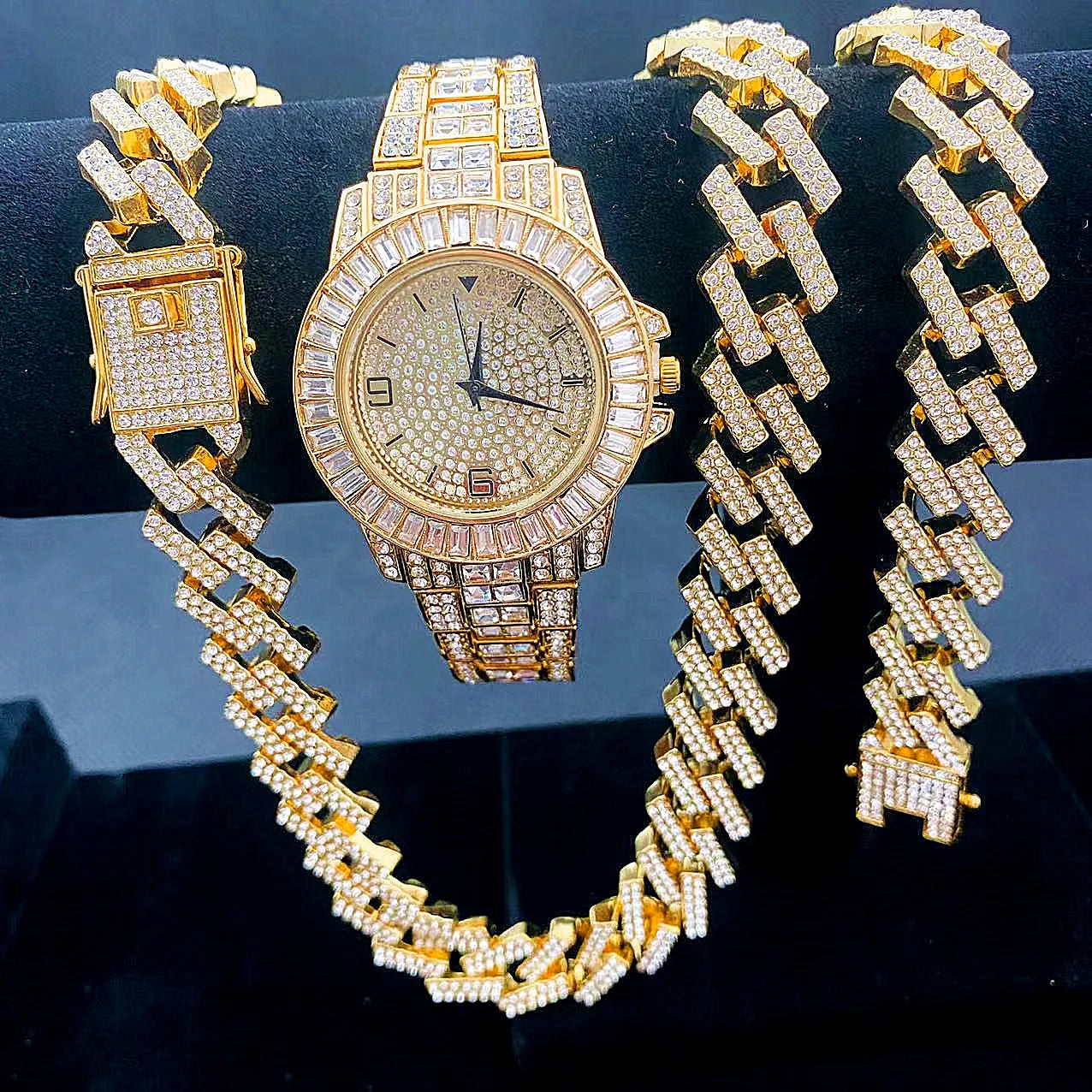 3PCS Jewelry Set Iced Out Watch +chain+ Bracelet 15mm Diamond Miama Cuban Link Big Gold Chains