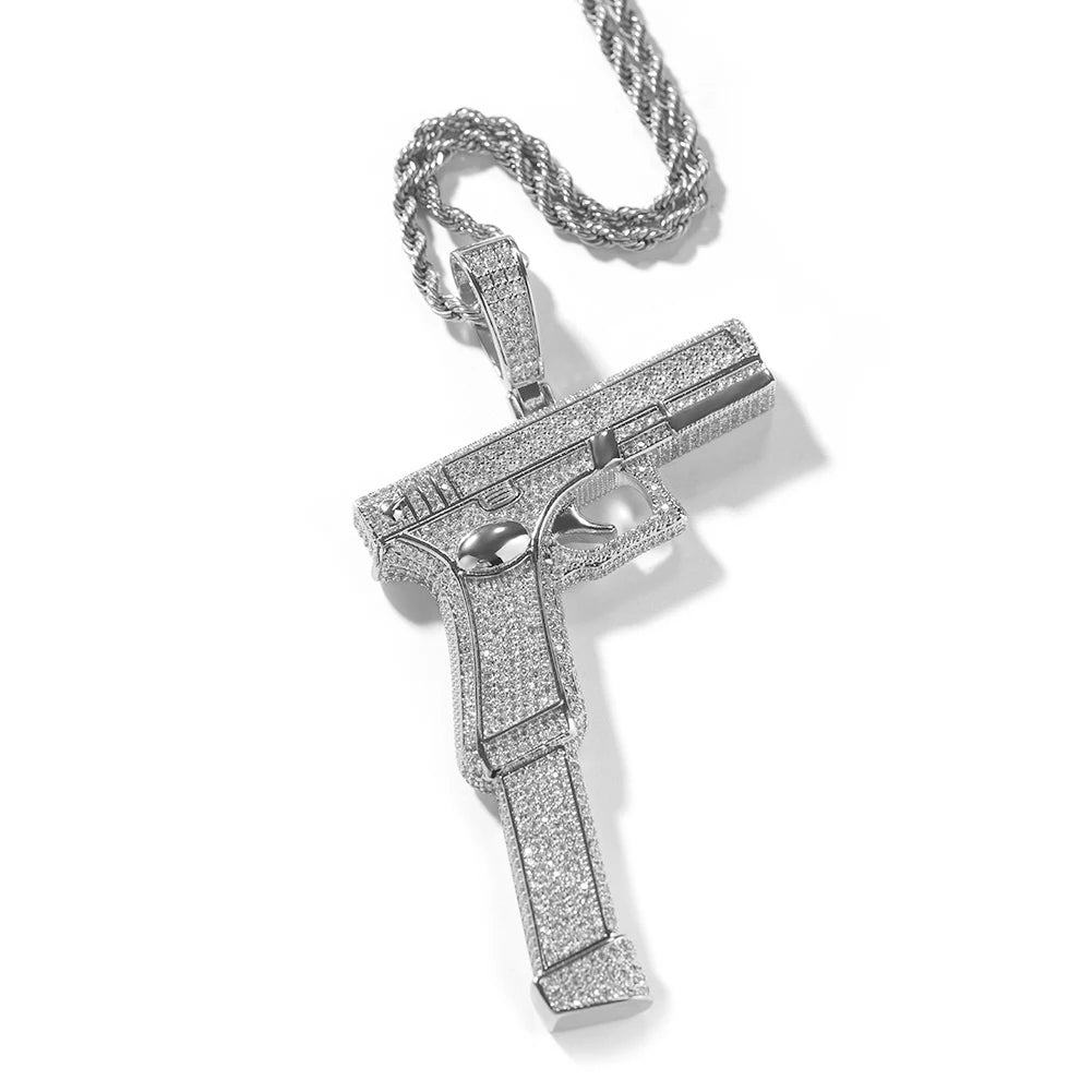 Iced Out Full Zirconia Large Size Pistol Gun Pendant chain