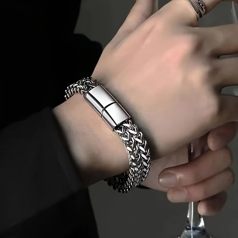 Stainless Steel Braided Double Row Front and Rear Fish Scale Magnetic Buckle Bracelet