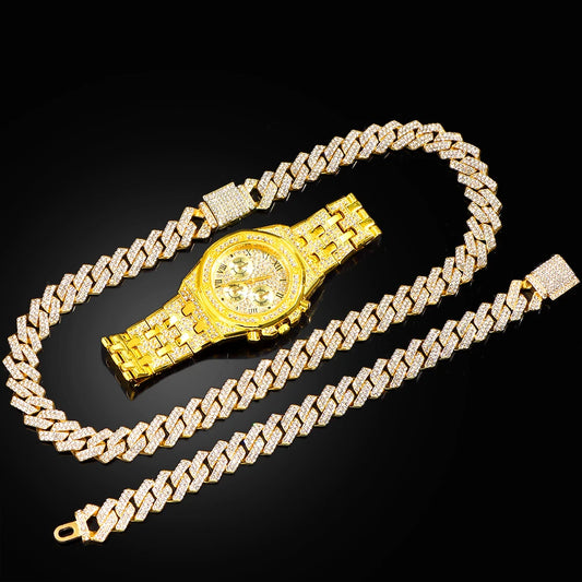 14MM Necklace+Watch+Bracelet Iced Out Watches For Men 2 Row Rhinestone Cuban Chain Set