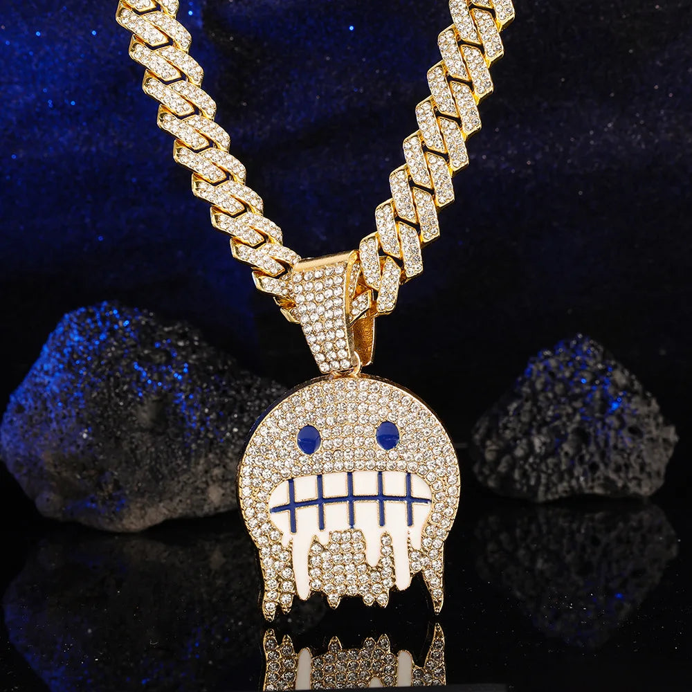 Men White Blue Cubic Zirconia Paved Round Face Pendants Cuban Chain Iced Out