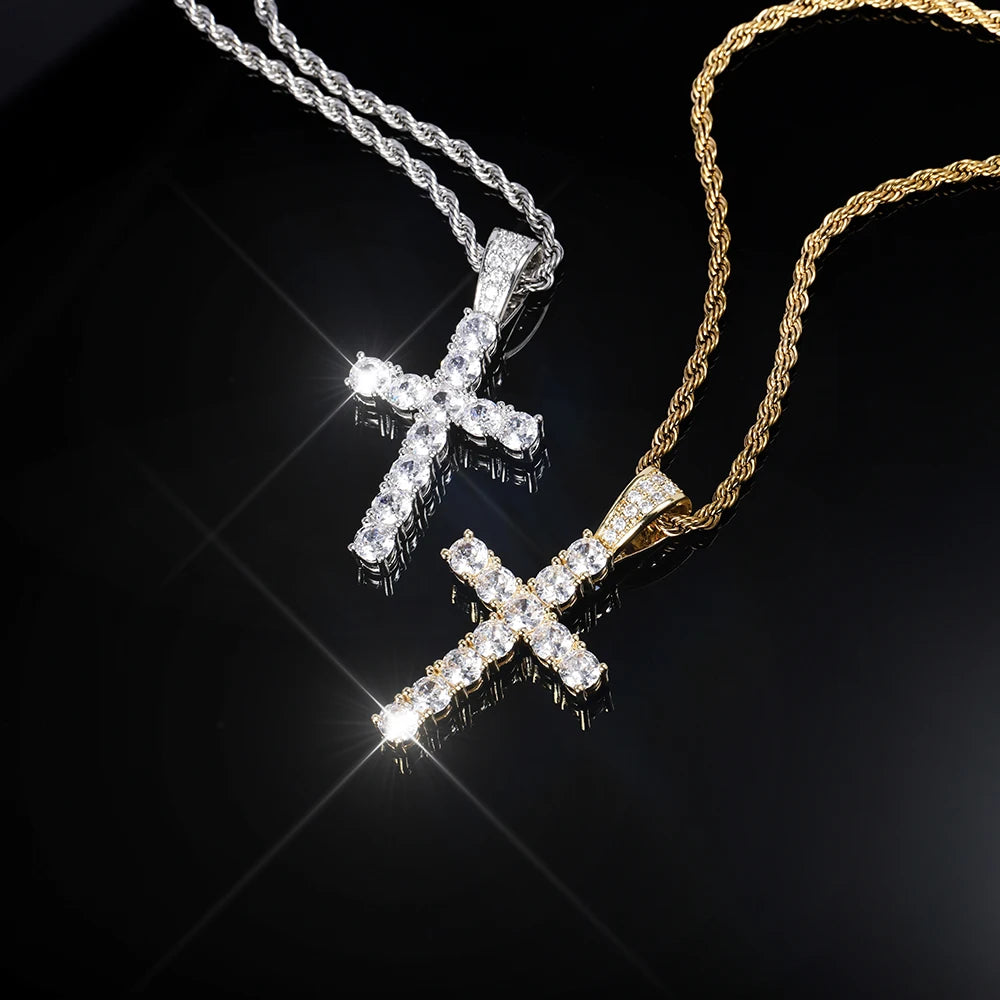 14K Gold Plated Hip Hop Cross Pendant Necklace for Women Male Iced Out Twisted Chain Long Necklace Fine Jewellery Accessories