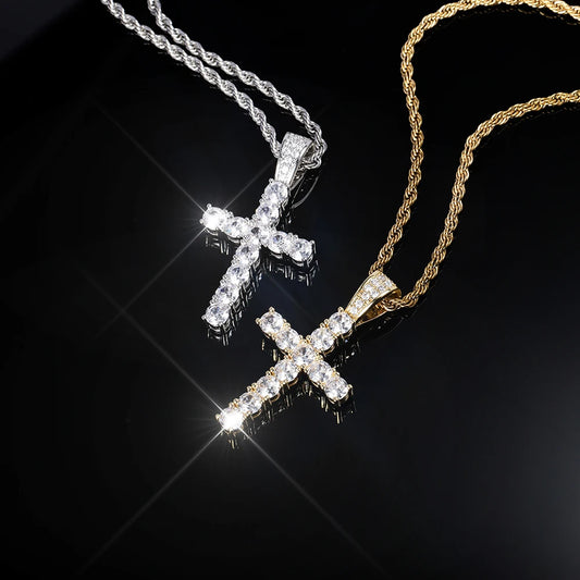14K Gold Plated Hip Hop Cross Pendant Necklace for Women Male Iced Out Twisted Chain Long Necklace Fine Jewellery Accessories