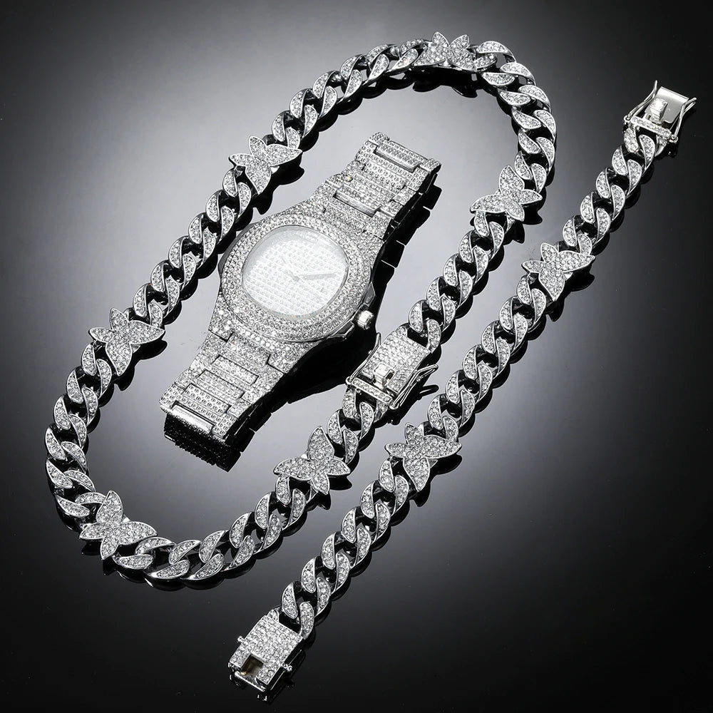 AZ Cuban Link Chain Butterfly Bracelets Watch Necklaces 3-Pieces Set For Women Hip Hop Iced Out Jewelry For Men Goth Jewellry