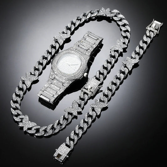 AZ Cuban Link Chain Butterfly Bracelets Watch Necklaces 3-Pieces Set For Women Hip Hop Iced Out Jewelry For Men Goth Jewellry