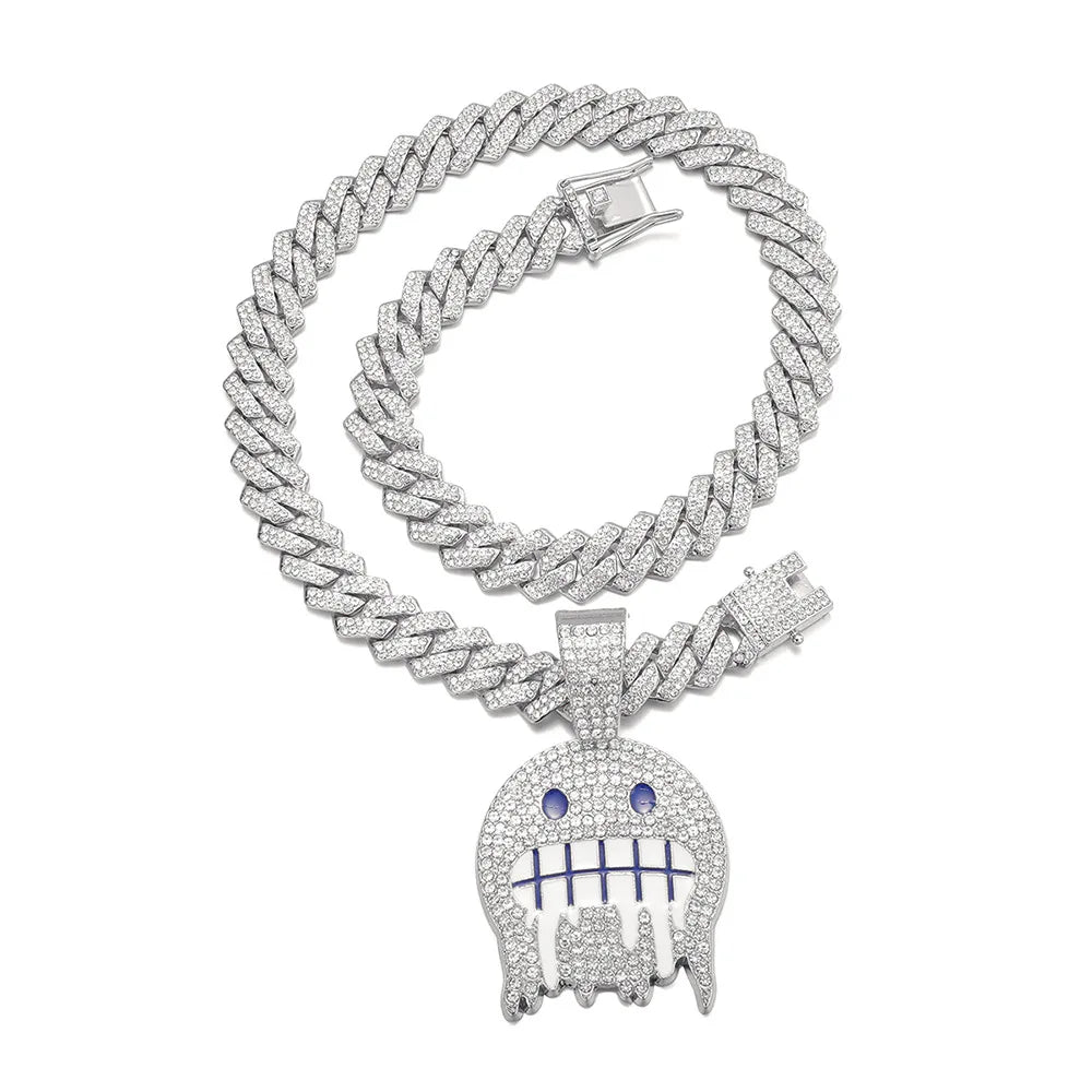Men White Blue Cubic Zirconia Paved Round Face Pendants Cuban Chain Iced Out