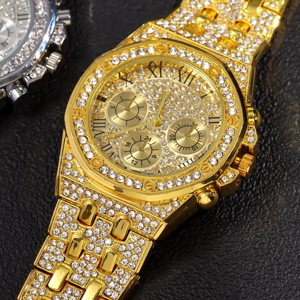 14MM Necklace+Watch+Bracelet Iced Out Watches For Men 2 Row Rhinestone Cuban Chain Set