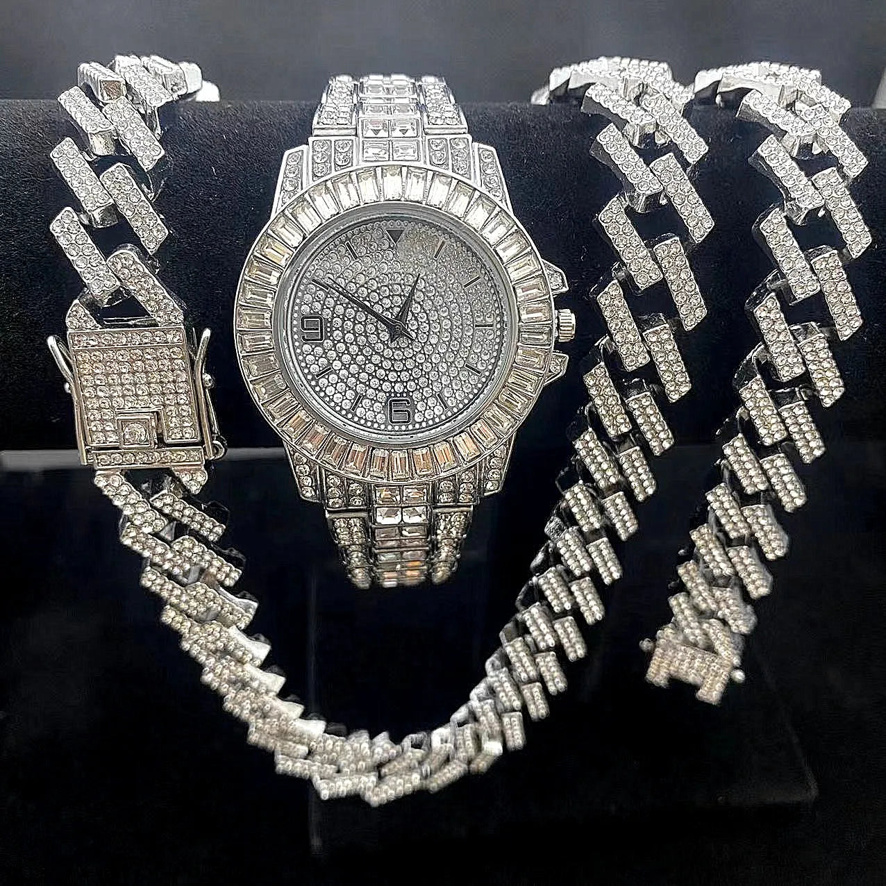 3PCS Jewelry Set Iced Out Watch +chain+ Bracelet 15mm Diamond Miama Cuban Link Big Gold Chains