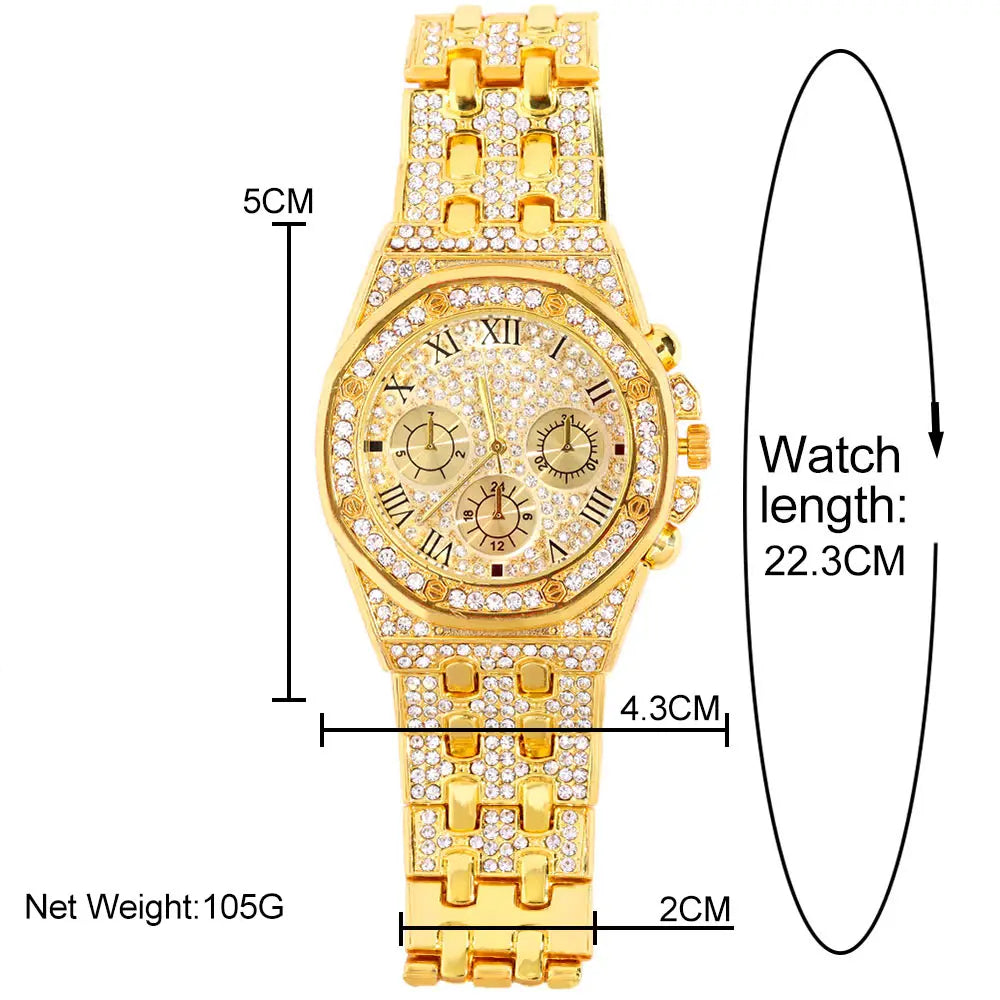 14MM Necklace+Watch+Bracelet Iced Out Watches For Men 2 Row Rhinestone Cuban Chain Set