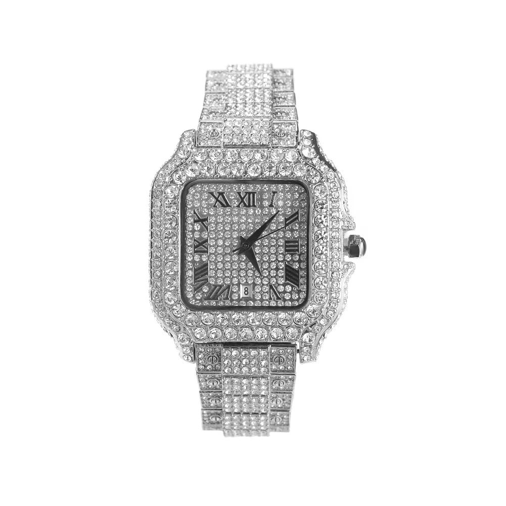 Iced Out Square Watch Full Micro Paved Round Cut Rhinestone Big Quartz Watch