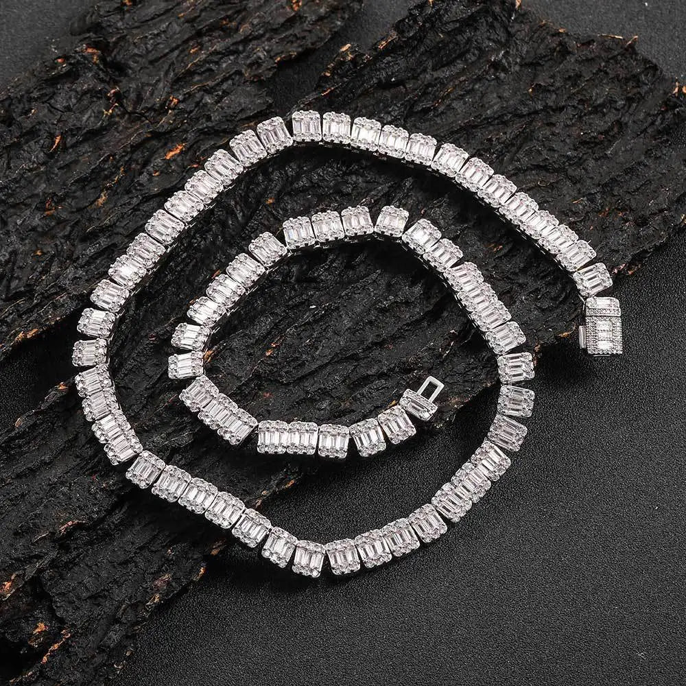 8mm Iced Square Tennis Chain White Gold-Plated Diamond Cluster