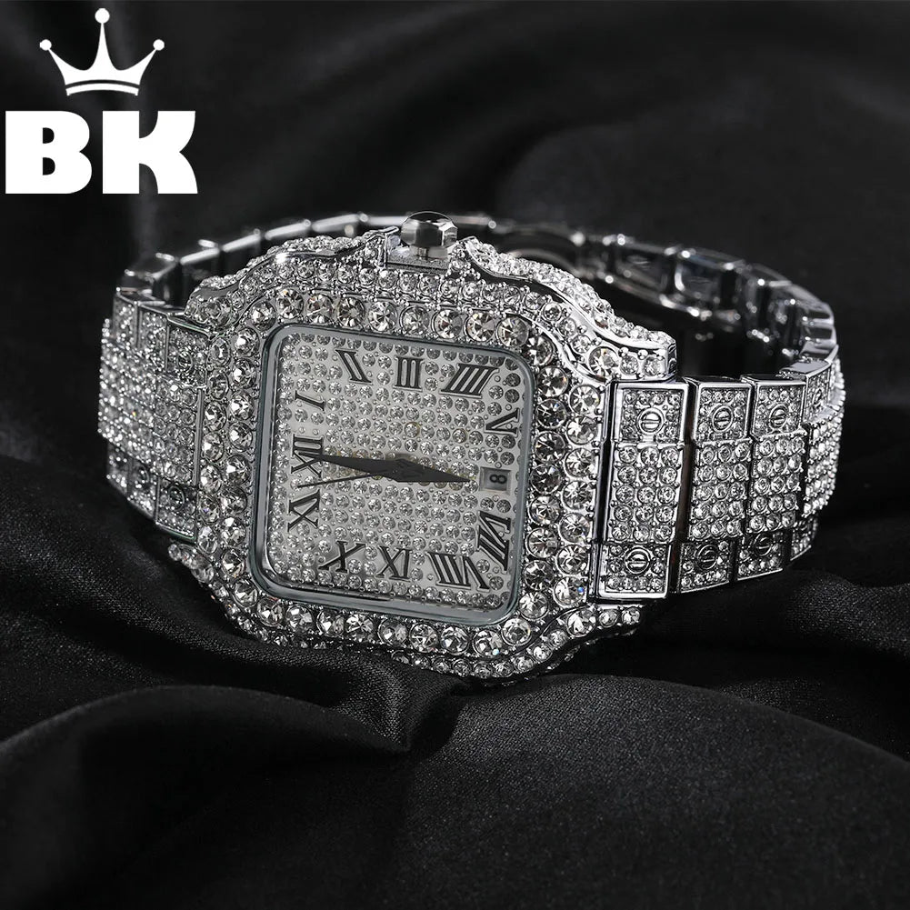 Iced Out Square Watch Full Micro Paved Round Cut Rhinestone Big Quartz Watch