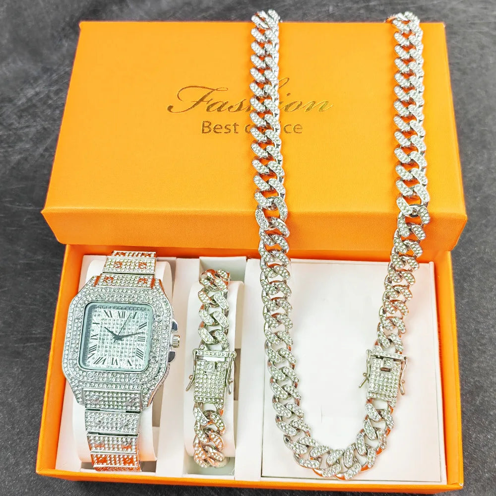Purcolasia Golden Silver Color Hip Hop Cuban Necklace +Watch+Bracelet Iced Out Twisted Chain Jewelry Sets for Men