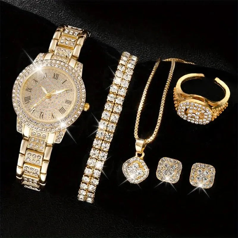 6PCS Crystal Quartz Watch Rhinestone Bracelet Montre