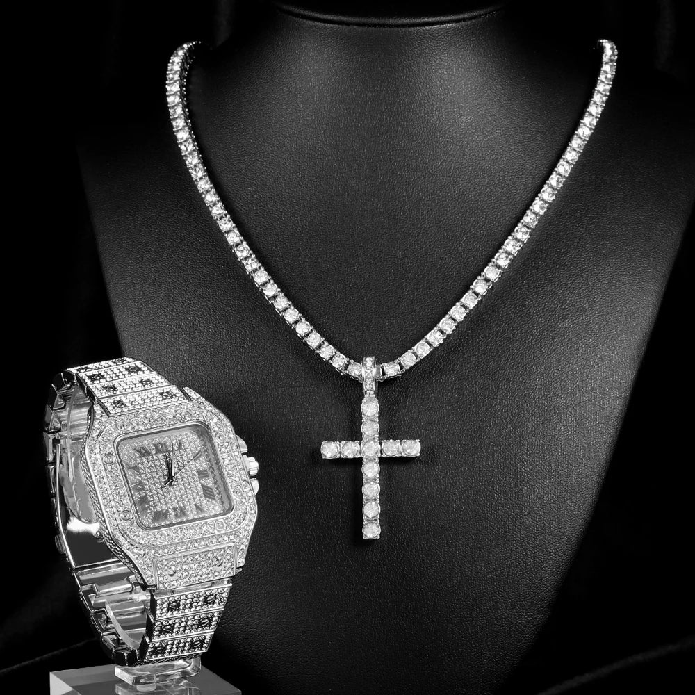 3pcs Watch Set Ice Out Inlay Diamonds Watch With Cross Tennis Chain