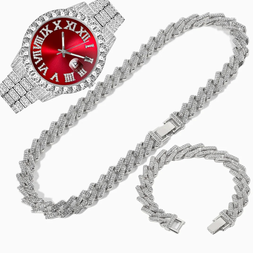 Full Iced Out Watch Mens Cuban Chain Bracelet Initial Necklaces Choker Hip Hop Jewelry for Men Gold Chains Watch Men Jewelry Set