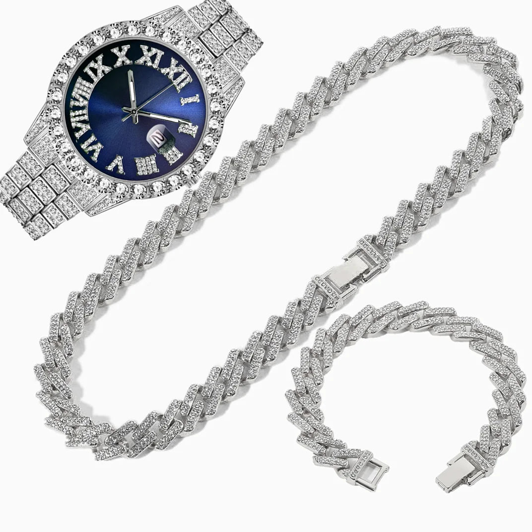 Full Iced Out Watch Mens Cuban Chain Bracelet Initial Necklaces Choker Hip Hop Jewelry for Men Gold Chains Watch Men Jewelry Set