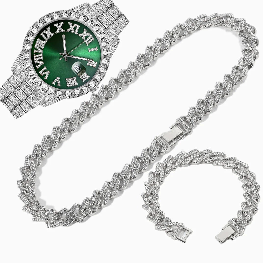 Full Iced Out Watch Mens Cuban Chain Bracelet Initial Necklaces Choker Hip Hop Jewelry for Men Gold Chains Watch Men Jewelry Set