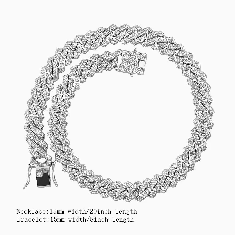 3PCS Jewelry Set Iced Out Watch +chain+ Bracelet 15mm Diamond Miama Cuban Link Big Gold Chains