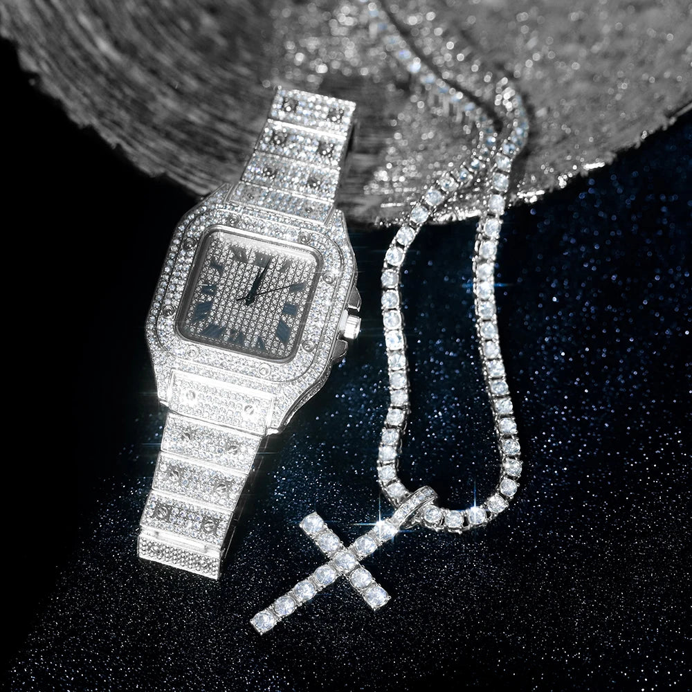 3pcs Watch Set Ice Out Inlay Diamonds Watch With Cross Tennis Chain