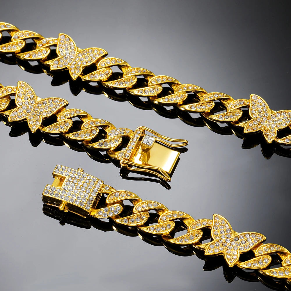 AZ Cuban Link Chain Butterfly Bracelets Watch Necklaces 3-Pieces Set For Women Hip Hop Iced Out Jewelry For Men Goth Jewellry