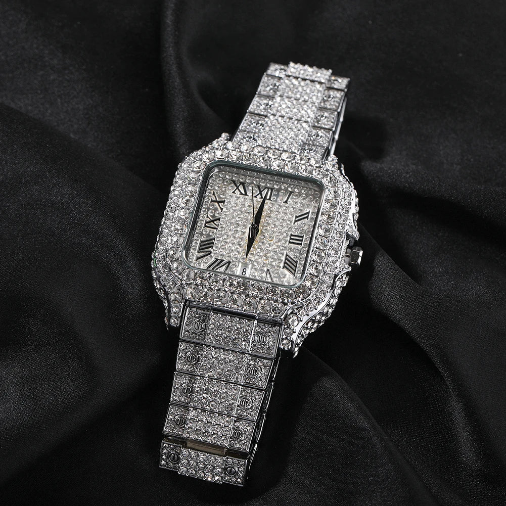 Iced Out Square Watch Full Micro Paved Round Cut Rhinestone Big Quartz Watch