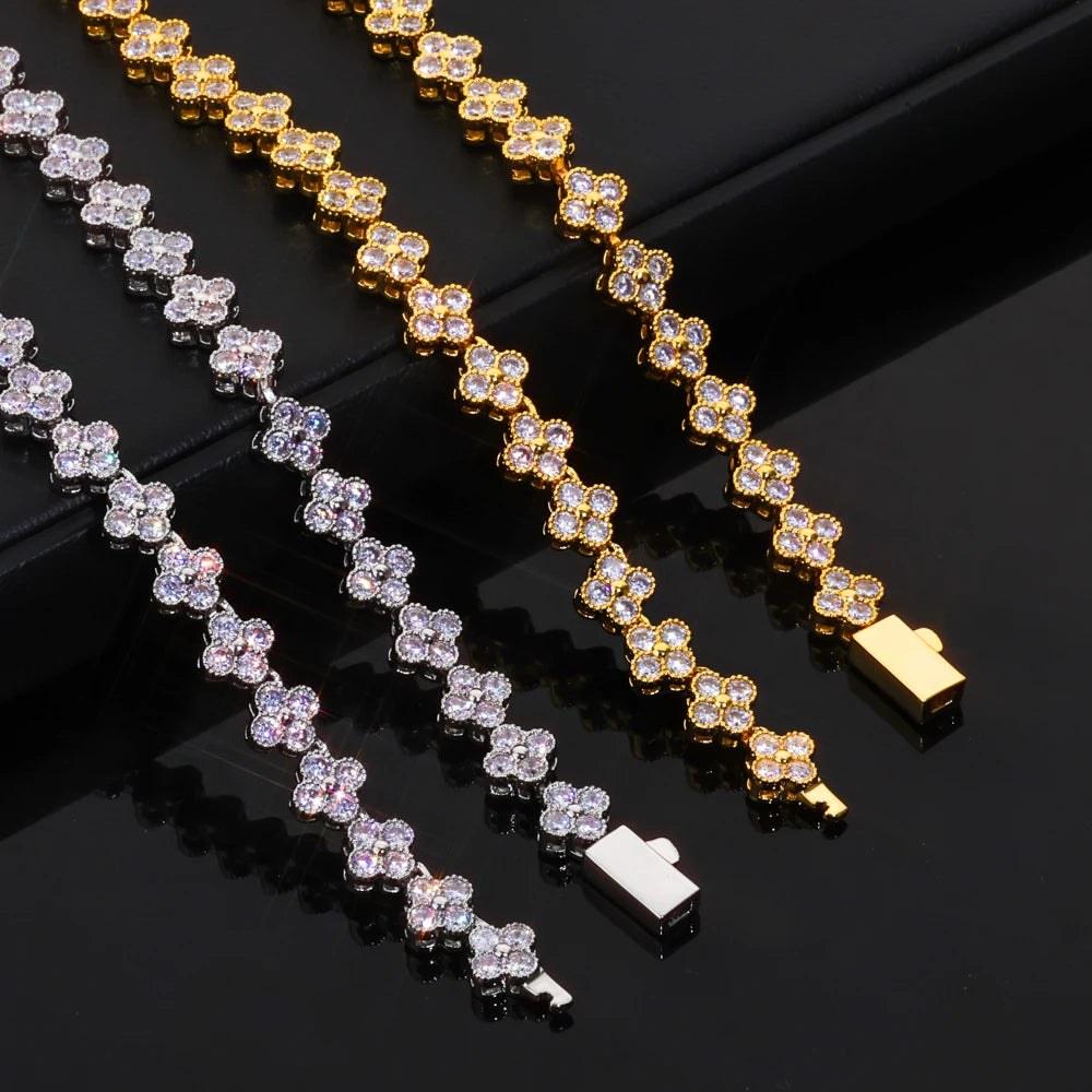 6mm Iced Cubic Tennis Chain Bracelet Cross Link Necklace with Spring Clasp
