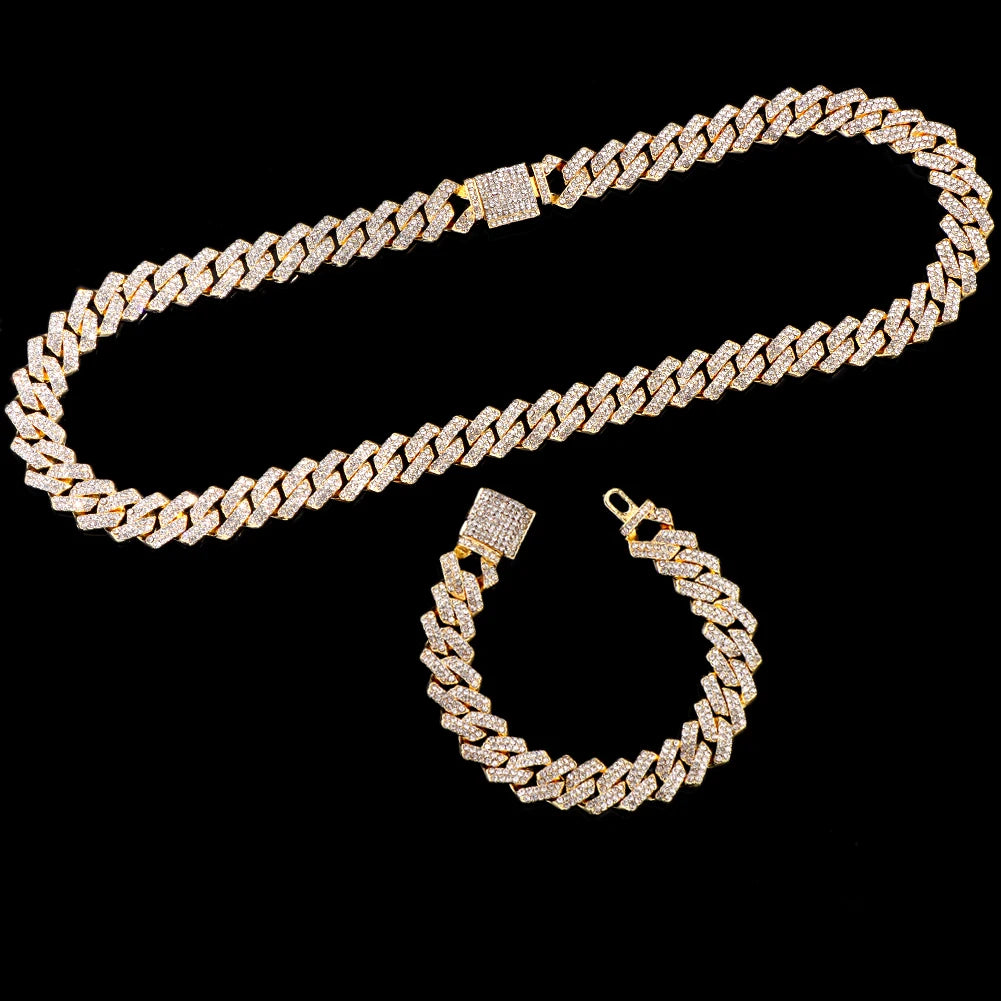 14MM Necklace+Watch+Bracelet Iced Out Watches For Men 2 Row Rhinestone Cuban Chain Set