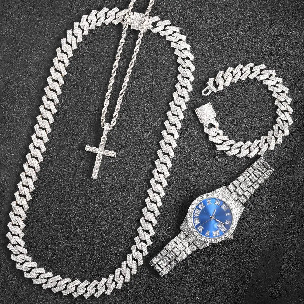 16mm Miami Cuban Link Chain Set +Watch+Bracelet Iced Out Shiny Jewelry