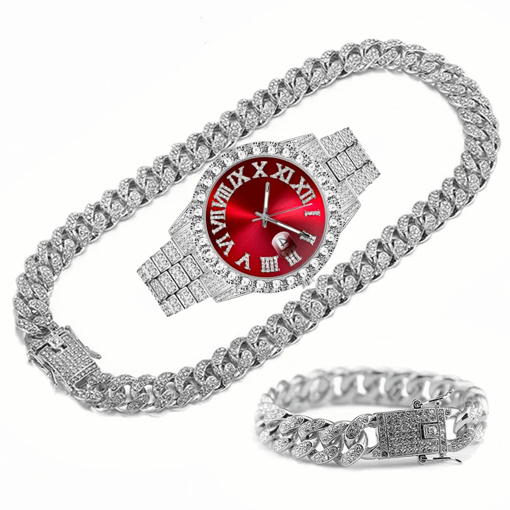 Full Iced Out Watch Mens Cuban Chain Bracelet Initial Necklaces Choker Hip Hop Jewelry for Men Gold Chains Watch Men Jewelry Set