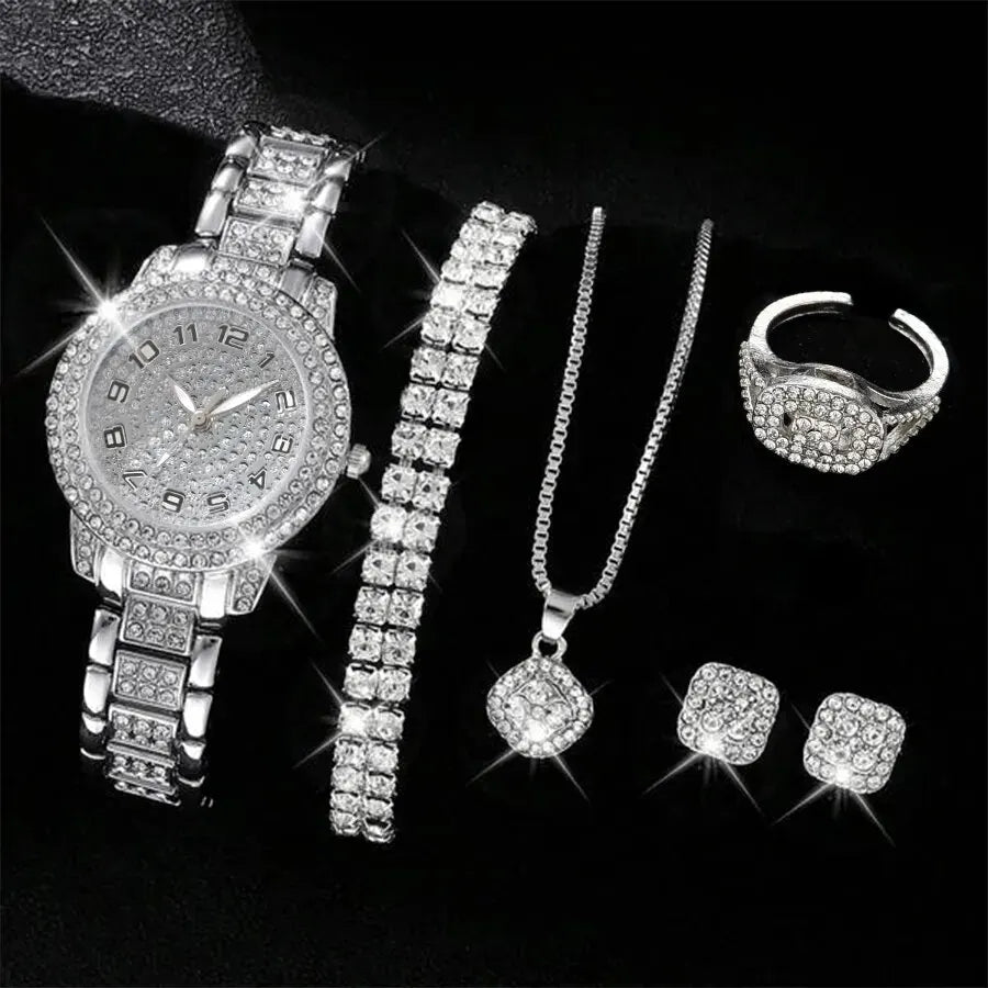 6PCS Crystal Quartz Watch Rhinestone Bracelet Montre