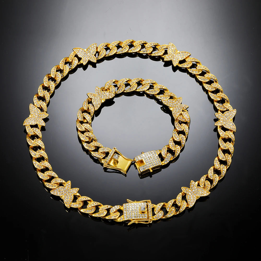 AZ Cuban Link Chain Butterfly Bracelets Watch Necklaces 3-Pieces Set For Women Hip Hop Iced Out Jewelry For Men Goth Jewellry