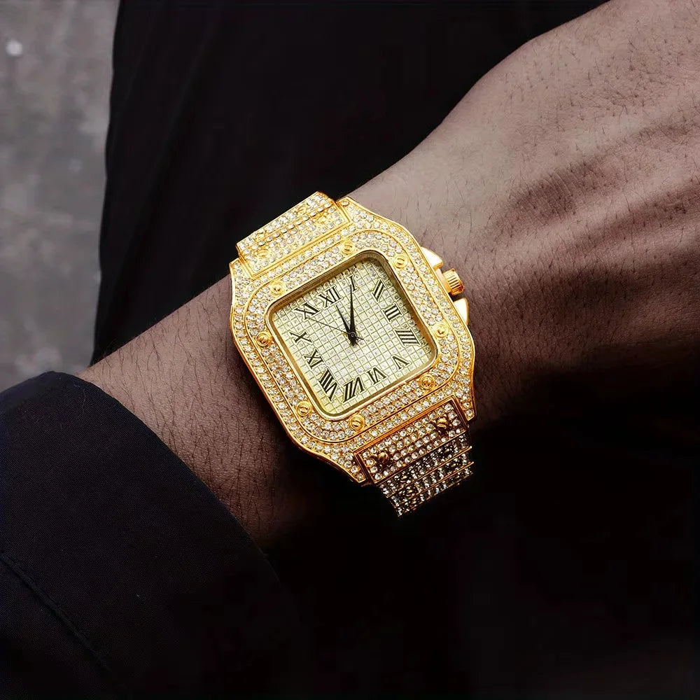 Purcolasia Golden Silver Color Hip Hop Cuban Necklace +Watch+Bracelet Iced Out Twisted Chain Jewelry Sets for Men