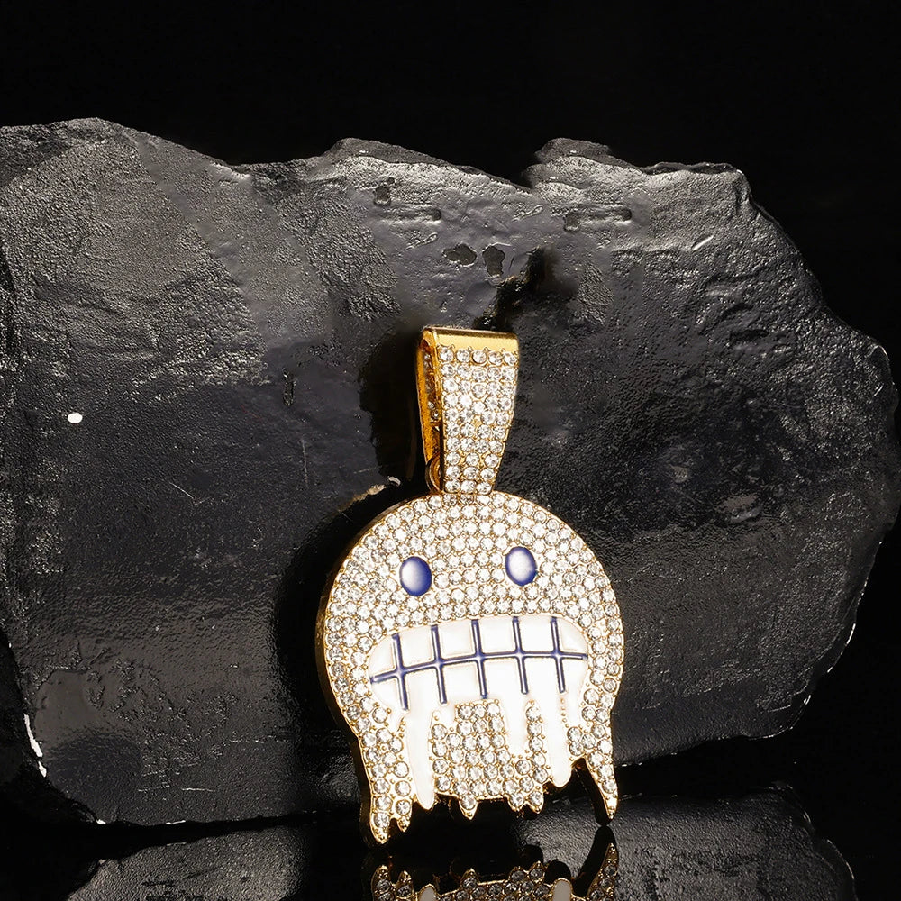 Men White Blue Cubic Zirconia Paved Round Face Pendants Cuban Chain Iced Out