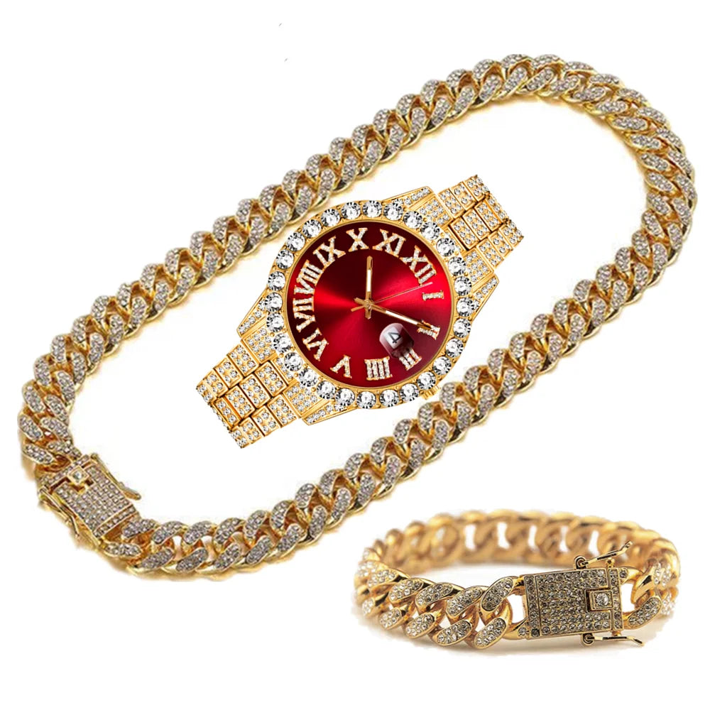 Full Iced Out Watch Mens Cuban Chain Bracelet Initial Necklaces Choker Hip Hop Jewelry for Men Gold Chains Watch Men Jewelry Set