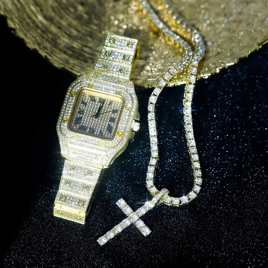 3pcs Watch Set Ice Out Inlay Diamonds Watch With Cross Tennis Chain