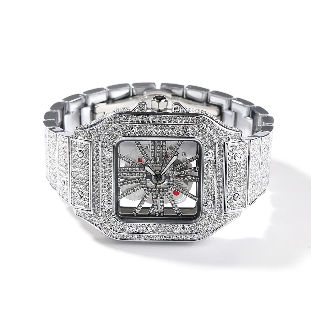 Men's Transparent Square Dial Icy Quartz Watch Iced Out Rhinestone Luxury Automatic Wrist Watches 35mm Skeleton Clock New Design