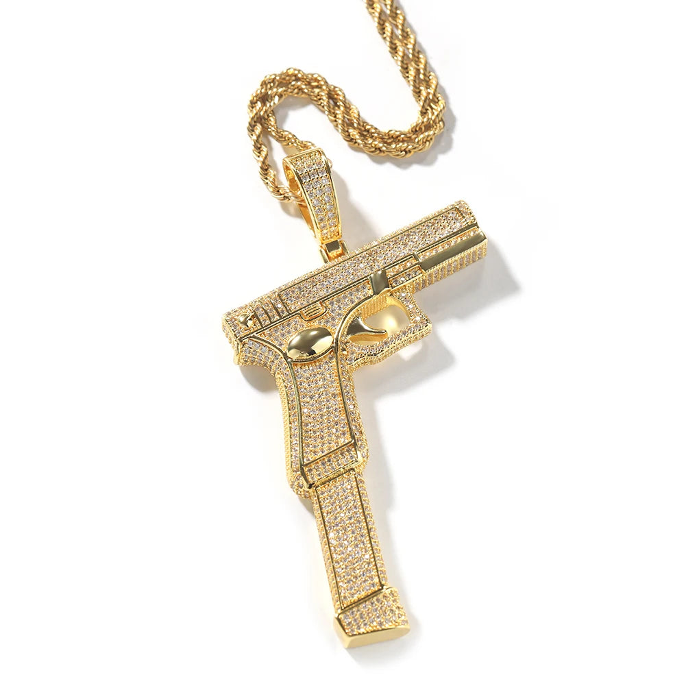 Iced Out Full Zirconia Large Size Pistol Gun Pendant chain