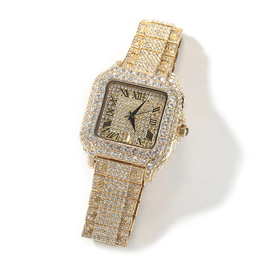 Iced Out Square Watch Full Micro Paved Round Cut Rhinestone Big Quartz Watch