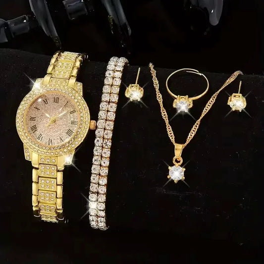 6PCS Crystal Quartz Watch Rhinestone Bracelet Montre