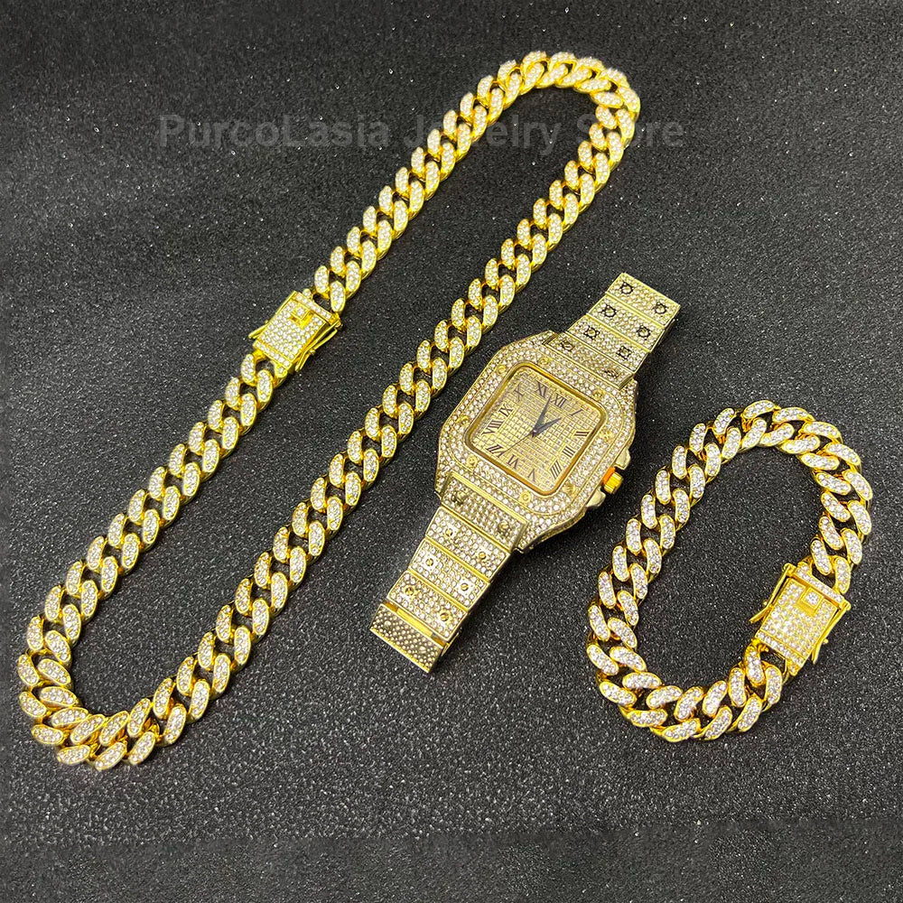 Purcolasia Golden Silver Color Hip Hop Cuban Necklace +Watch+Bracelet Iced Out Twisted Chain Jewelry Sets for Men