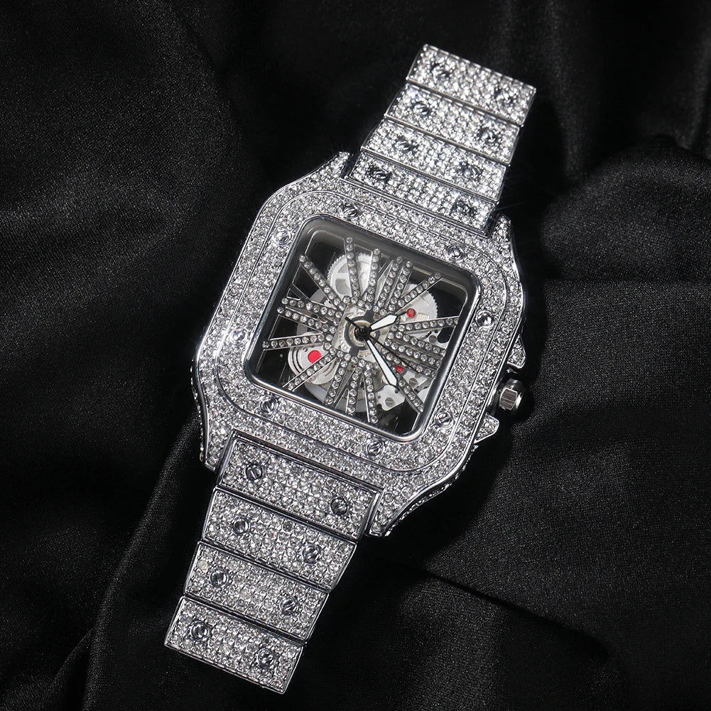 Men's Transparent Square Dial Icy Quartz Watch Iced Out Rhinestone Luxury Automatic Wrist Watches 35mm Skeleton Clock New Design