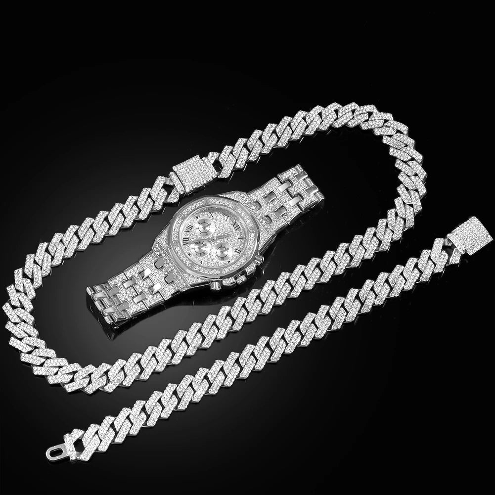 14MM Necklace+Watch+Bracelet Iced Out Watches For Men 2 Row Rhinestone Cuban Chain Set