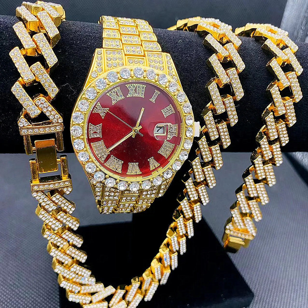 Full Iced Out Watch Mens Cuban Chain Bracelet Initial Necklaces Choker Hip Hop Jewelry for Men Gold Chains Watch Men Jewelry Set