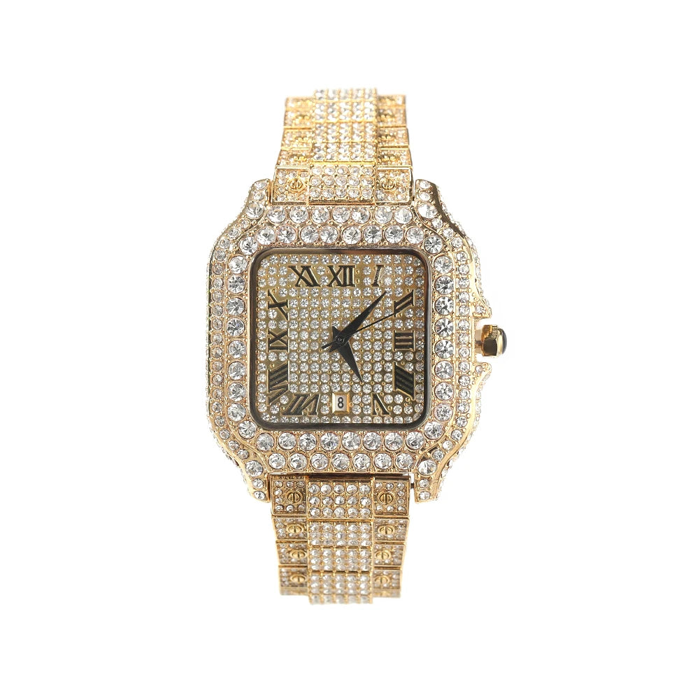Iced Out Square Watch Full Micro Paved Round Cut Rhinestone Big Quartz Watch