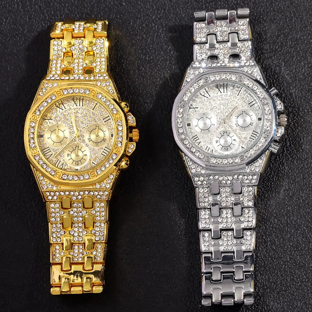 14MM Necklace+Watch+Bracelet Iced Out Watches For Men 2 Row Rhinestone Cuban Chain Set