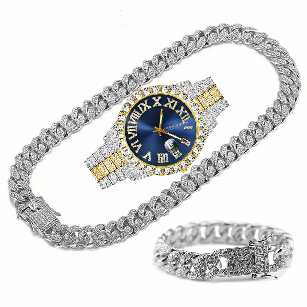 Full Iced Out Watch Mens Cuban Chain Bracelet Initial Necklaces Choker Hip Hop Jewelry for Men Gold Chains Watch Men Jewelry Set