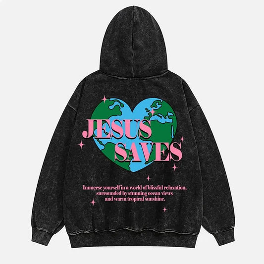 NEW Jesus Saves Unisex Printed Acid Washed Hoodie
