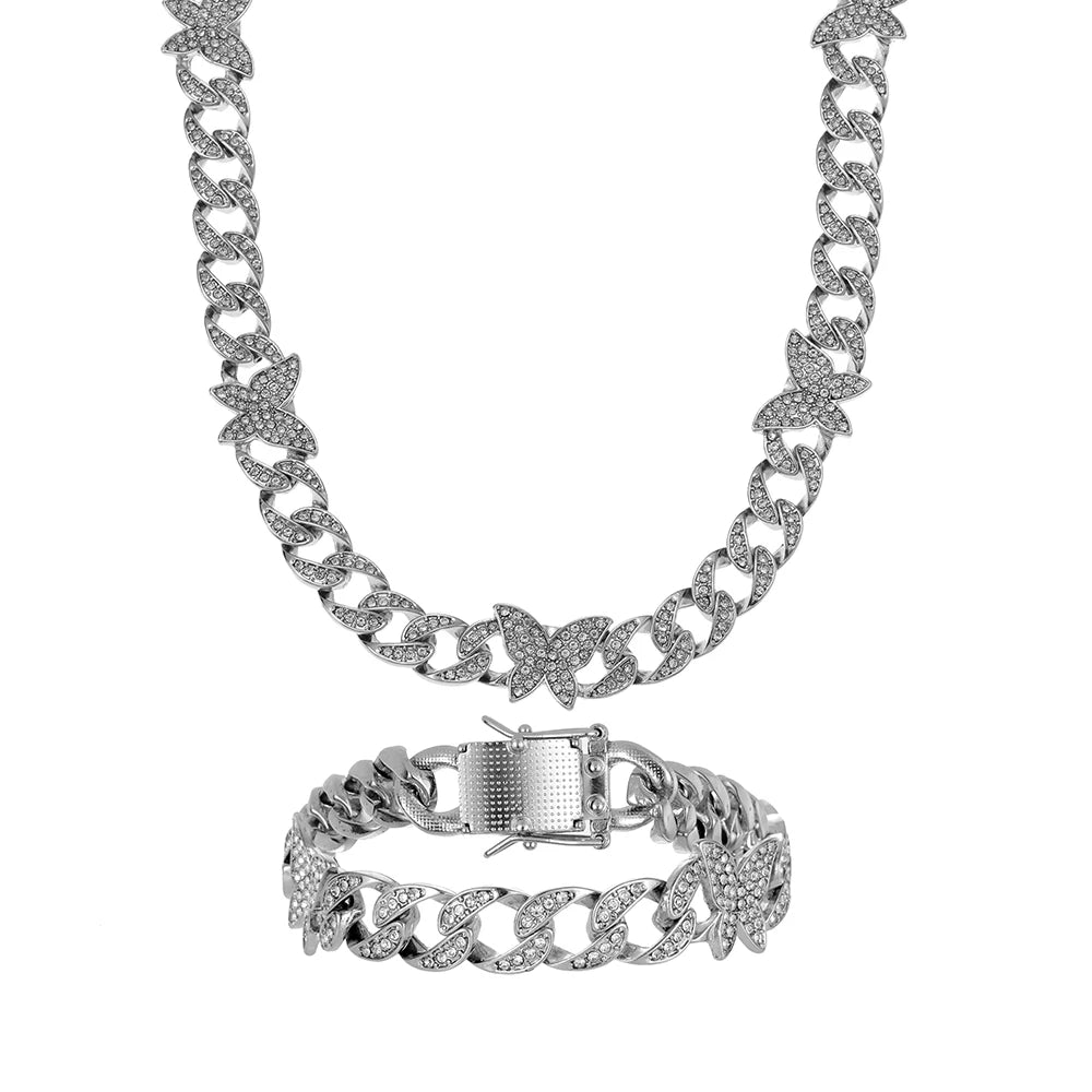 AZ Cuban Link Chain Butterfly Bracelets Watch Necklaces 3-Pieces Set For Women Hip Hop Iced Out Jewelry For Men Goth Jewellry
